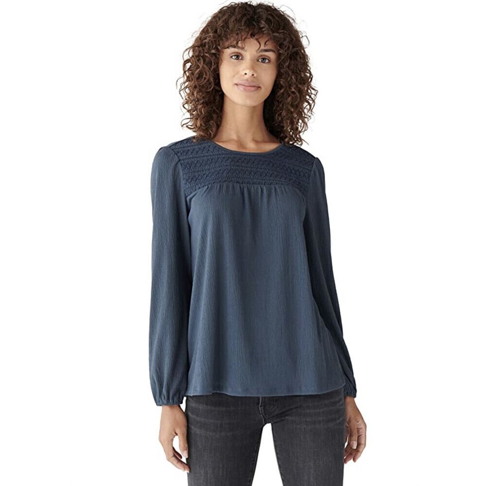 Lucky Brand Women's Puff Sleeve Smocking Yoke Top Slate Blue Size M